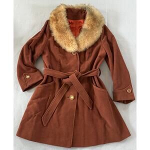 VTG 70s Penny Lane Belted Coat Faux Fur Collar Burnt Orange Velour Boho Glam 16M